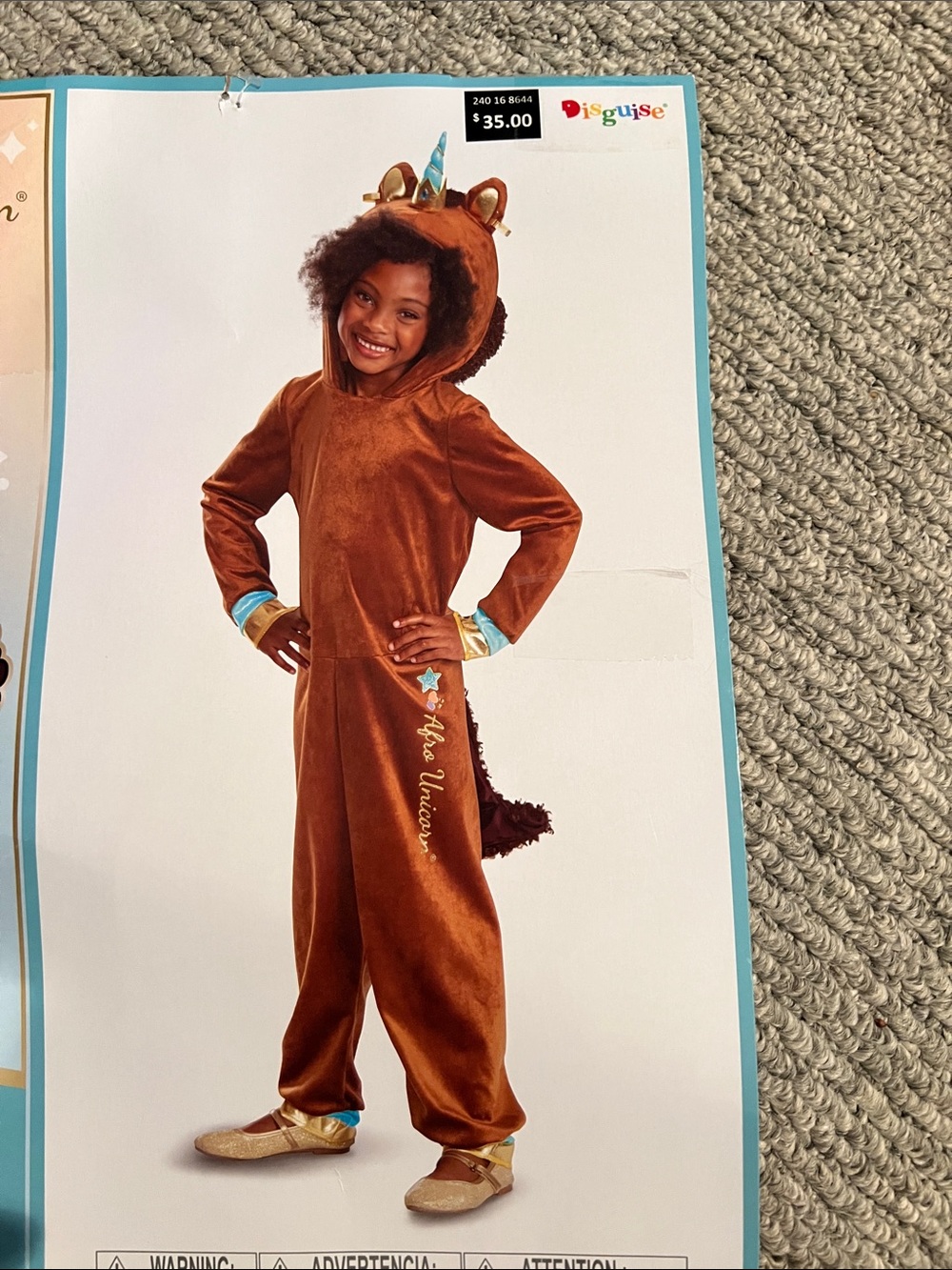 Disguise Brown Unicorn Kids Costume with Gold & Blue Accents. 4-6x